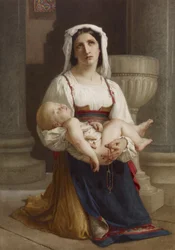 Contadina italiana inginocchiata con bambino